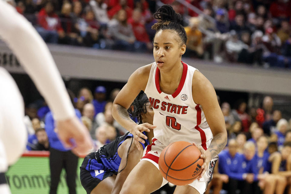 North Carolina State's Aziaha James drives the ball against Duke during the second half of an NCAA college basketball game, Sunday, Jan. 21, 2024, in Raleigh, N.C. (AP Photo/Karl B. DeBlaker)