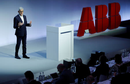 FILE PHOTO: Chief Executive Officer Ulrich Spiesshofer of Swiss power technology and automation group ABB gestures as he addresses the company's annual news conference in Zurich, Switzerland February 28, 2019. REUTERS/Arnd Wiegmann/File Photo