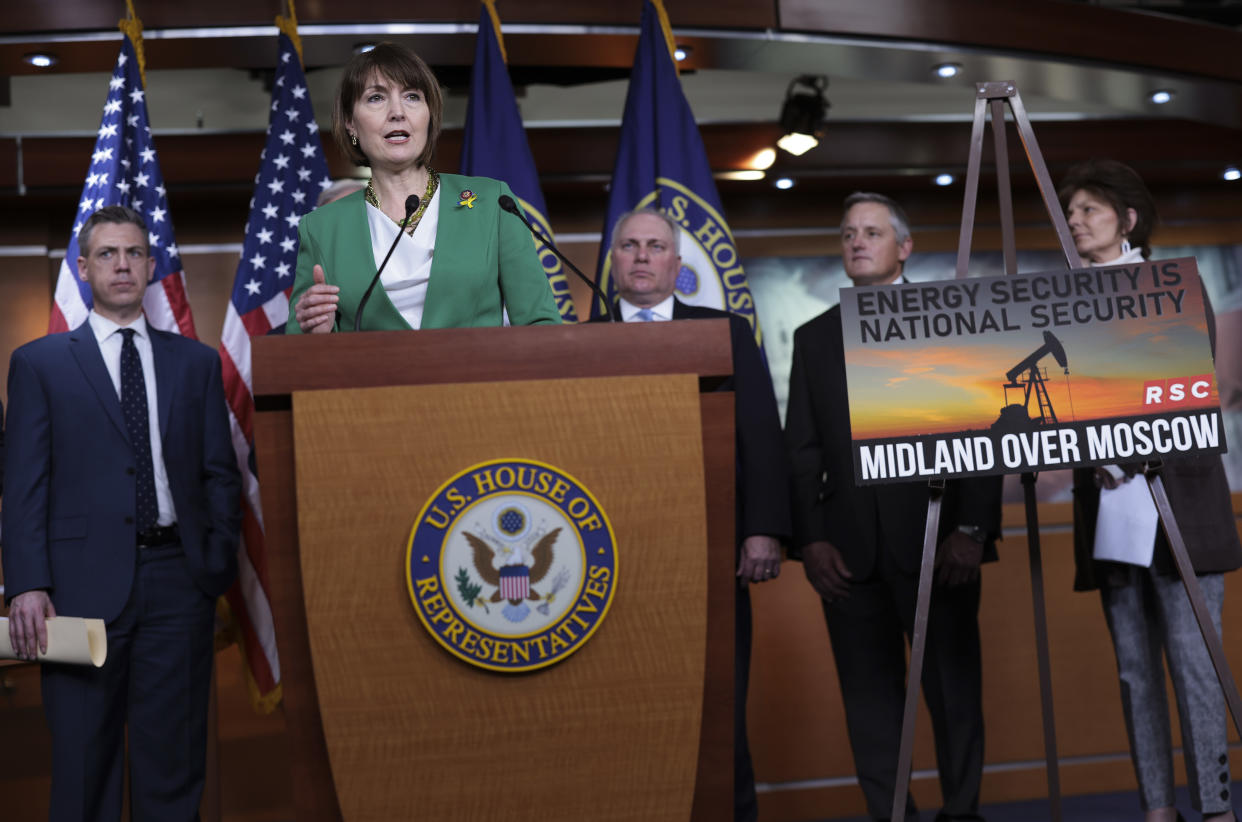 WASHINGTON, DC - MARCH 08: U.S. Rep. Cathy McMorris Rodgers (R-WA) speaks at a House Republican news conference on energy policy at the U.S. Capitol on March 08, 2022 in Washington, DC. The Republicans said they support Biden's ban on Russian oil imports but urged for increase domestic production to help curb high gas prices. (Photo by Kevin Dietsch/Getty Images)