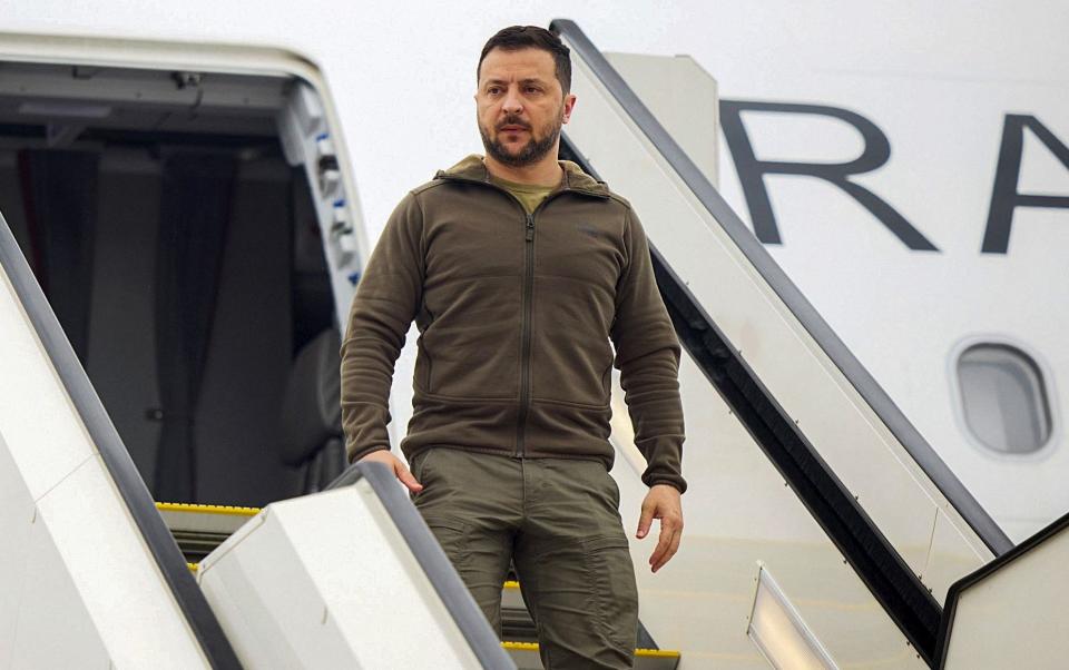 Ukraine's President Volodymyr Zelensky disembarking upon his arrival at Hiroshima Airport at Mihara, Hiroshima - HANDOUT/AFP