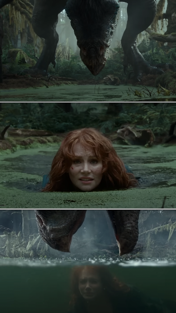 Bryce Dallas Howard escaping a dinosaur in "Jurassic World Dominion" by hiding underwater