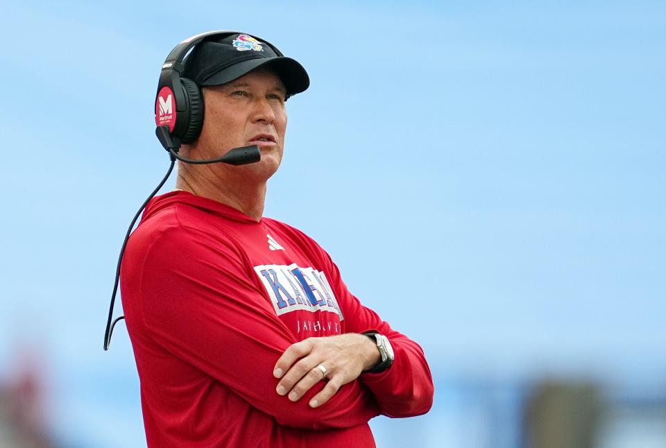 Kansas football coach Lance Leipold looks on during the first half of a Sept. 23 game this year against Brigham Young at David Booth Kansas Memorial Stadium.