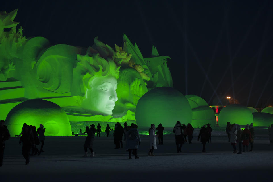 Tourists visit the Harbin International Snow Sculpture Art Expo on Jan. 5, 2019, in Harbin, China. (Photo: Tao Zhang/Getty Images)