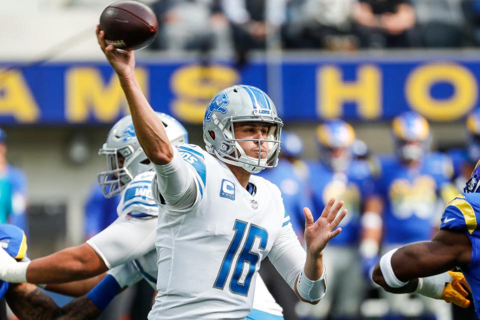 Detroit Lions quarterback Jared Goff (16) makes a pass against Los Angeles Rams during the first half at the SoFi Stadium in Inglewood, Calif. on Sunday, Oct. 24, 2021.