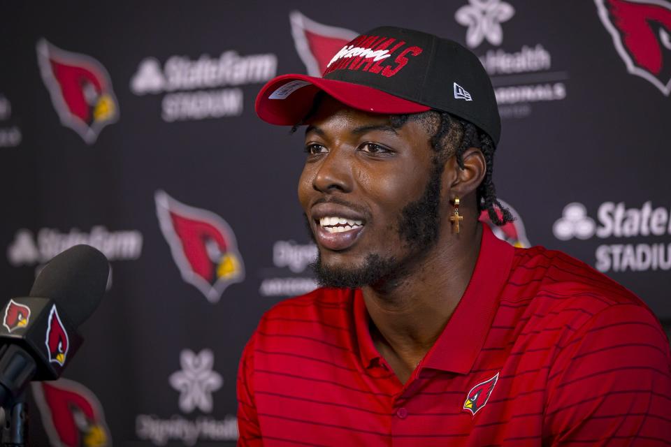 Myjai Sanders, one of the newest draft picks for the Arizona Cardinals, speaks about the inspiration of his late sister during a press conference held at the Dignity Health Arizona Cardinals Training Center in Tempe on May 12, 2022.