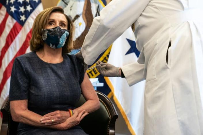 US House Speaker Nancy Pelosi received a Covid-19 vaccination shot by the attending physician of Congress under "continuity of government" guidelines which prioritizes vaccines for all 535 members of Congress