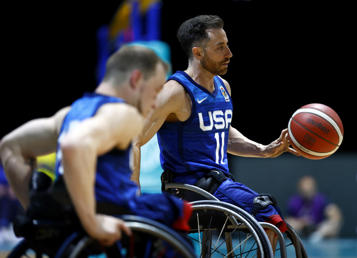 DUBAI, UNITED ARAB EMIRATES - JUNE 20: Steve Serio of USA controls the ball during the IWBF Wheelchair Basketball World Championships 2022 Men's Final match between  USA and Great Britain on June 20, 2023 in Dubai, United Arab Emirates. (Photo by Francois Nel/Getty Images)