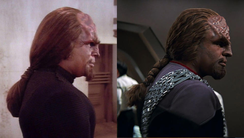 Worf's ponytail look evokes samurai influences on the Klingon race.