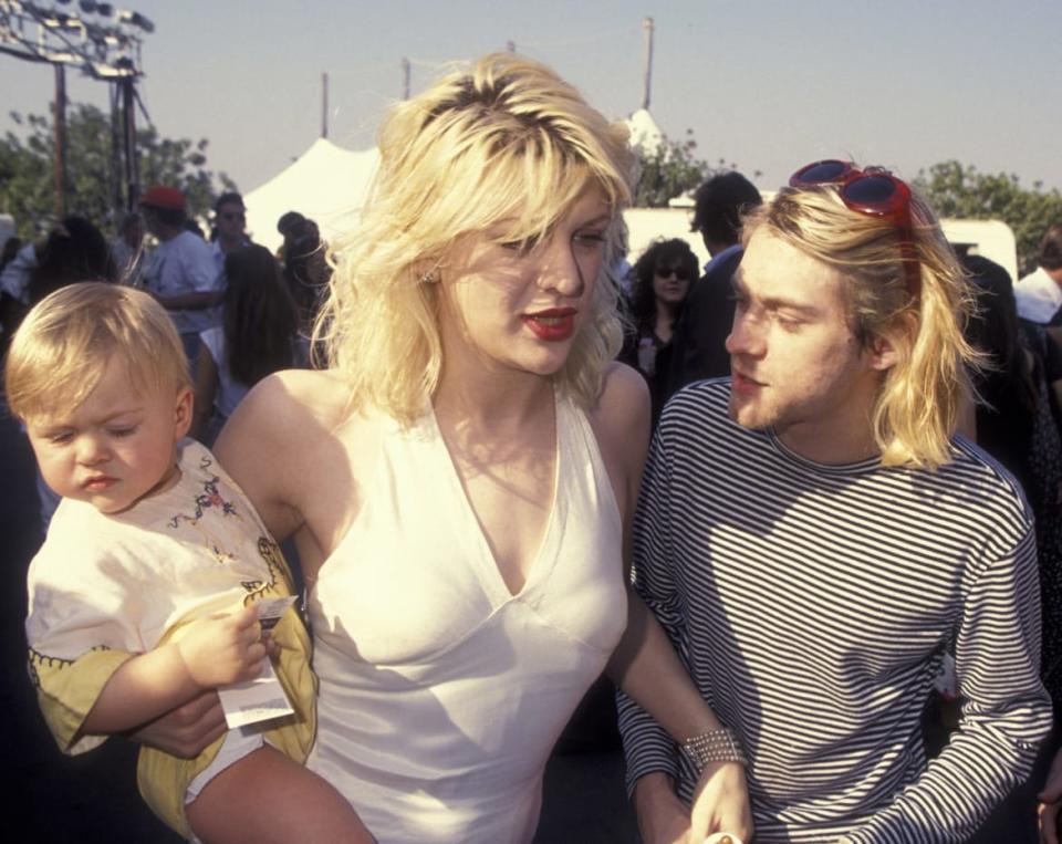 <div class="inline-image__caption"><p>Musician Kurt Cobain, Courtney Love and daughter Frances Bean Cobain attend 10th Annual MTV Video Music Awards on September 2, 1993 at the Universal Amphitheatre in Universal City, California.</p></div> <div class="inline-image__credit">Ron Galella, Ltd. / Getty </div>