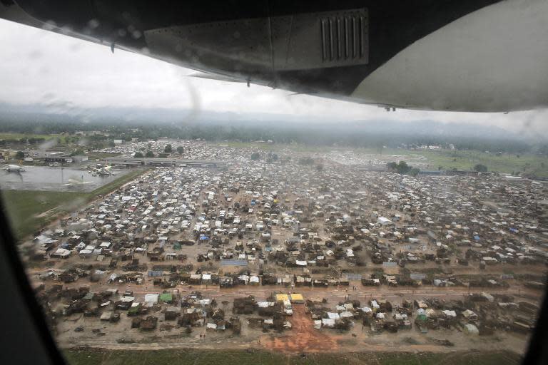 This picture released by Caritas International shows an aerial view of the refugee camp at Mpoko airport on March 3, 2014 in Bangui