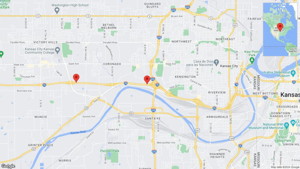 A detailed map that shows the affected road due to 'Heavy rain prompts traffic warning on westbound I-70 in Kansas City' on May 19th at 10:58 p.m.