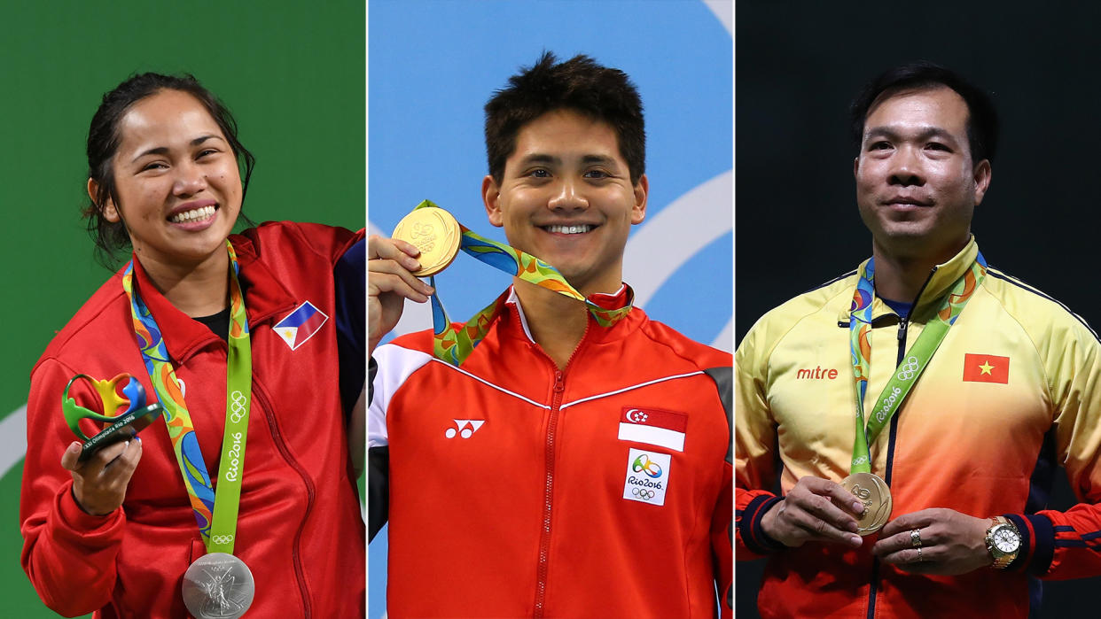 Southeast Asian Olympians at the Tokyo Olympics: (from left) the Philippines' Hidilyn Diaz, Singapore's Joseph Schooling and Vietnam's Hoang Xuan Vinh. (PHOTO: Getty Images)