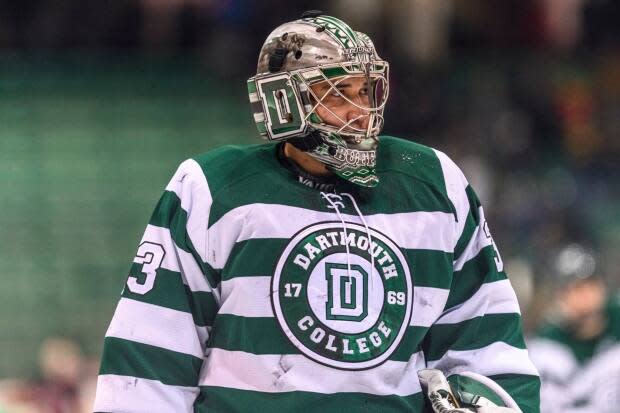 Devin Buffalo, a member of Samson Cree Nation in Alberta, played hockey at Dartmouth College. He now mentors young Indigenous athletes. (Dartmouth College Varsity Athletics - image credit)