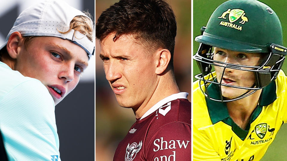 Cruz Hewitt, Cooper Johns and Austin Waugh, pictured here in tennis, NRL and cricket.