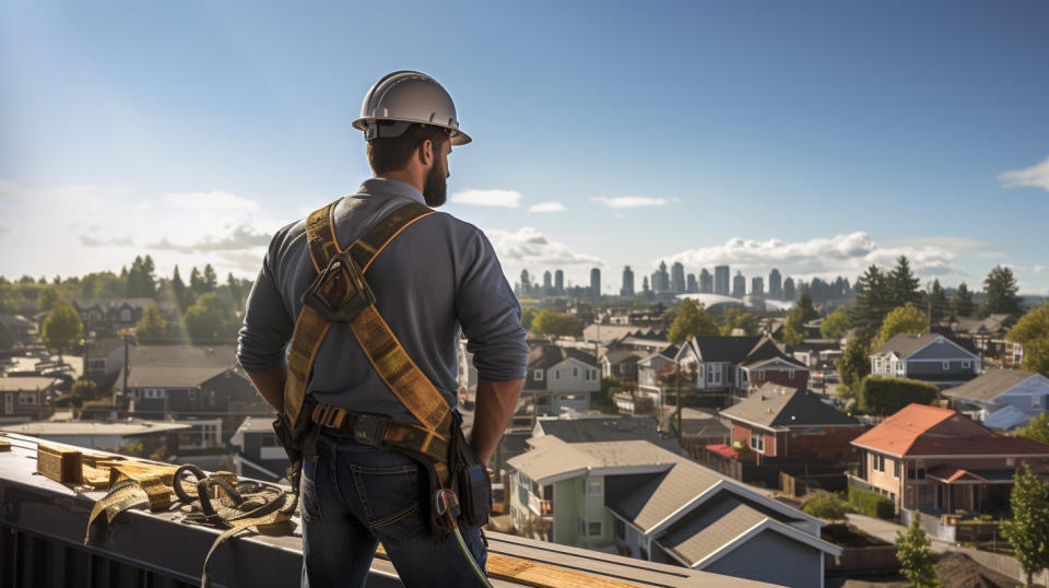 A construction worker standing on a rooftop with a toolbelt in hand, looking out at a new home development in the background.