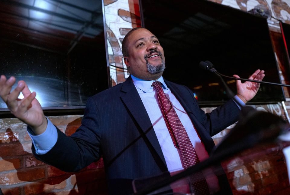 FILE - Alvin Bragg speaks to supporters in New York, Tuesday, Nov. 2, 2021. Bragg's election as Manhattan's first Black district attorney comes at a time when Black elected officials hold a historic number of city, state and federal offices in New York. When New Yorkers this week chose Eric Adams as their next mayor and Alvin Bragg as the next Manhattan district attorney, they elevated two more Black men into high office at a time when the city and state are being led by a historic number of Black leaders.(AP Photo/Craig Ruttle, File)