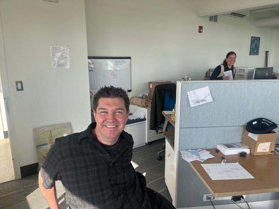 Owen Milne, executive director of the Community Sailing Center, as seen on Feb. 9, 2024, in the nonprofit's offices on the Lake Champlain waterfront with Emily Ridgeway, the Sailing Center's development and communications manager.