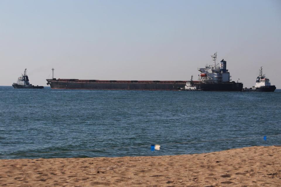 The Glory bulk carrier, centre, was among four ships to make their way from Ukrainian ports (AP)