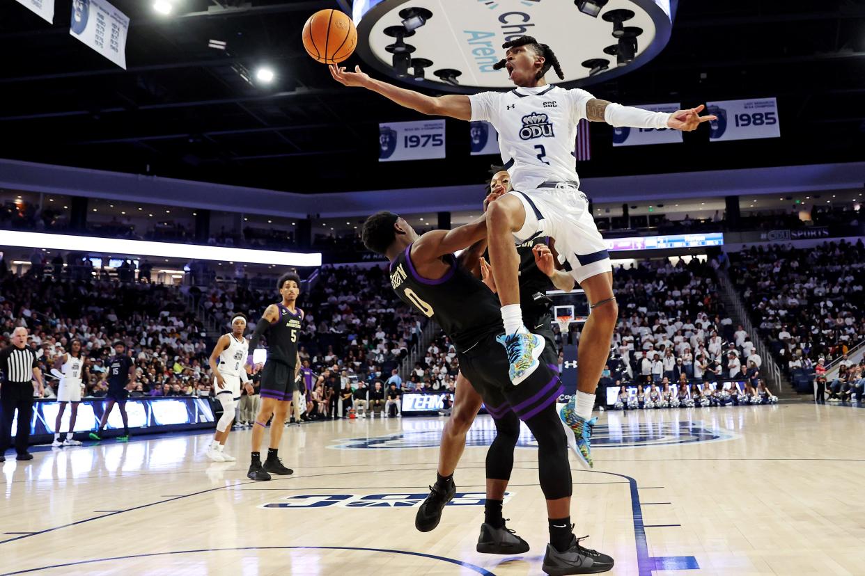 Old Dominion Monarchs guard Chaunce Jenkins (2) shoots the ball against James Madison Dukes guard Xavier Brown (0) during the second half at Chartway Arena at the Ted Constant Convocation Center.