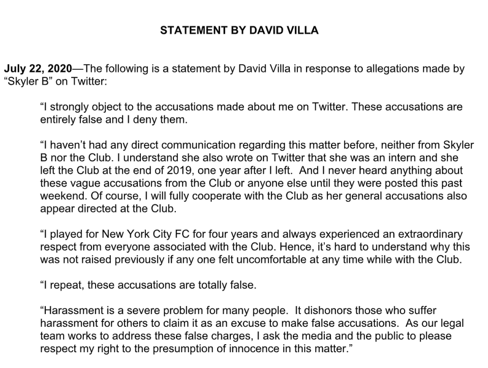 Former World Cup-winning striker David Villa issued a statement in which he denied that he harassed a New York City FC intern during his time with the MLS club.   