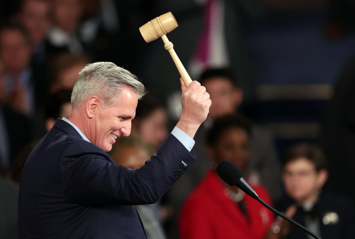 Speaker of the House Kevin McCarthy, R-Calif., celebrates with the gavel after being elected as Speaker in the House Chamber at the U.S. Capitol Building on Jan. 7, 2023 in Washington, DC. After four days of voting and 15 ballots McCarthy secured enough votes to become Speaker of the House for the 118th Congress. (Photo by Win McNamee/Getty Images) ***BESTPIX*** ORG XMIT: 775922279 ORIG FILE ID: 1454751557