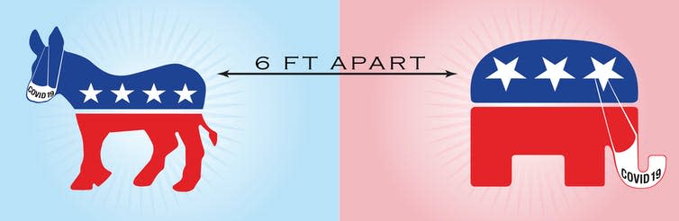 <span class="caption">Democrats and Republicans remain polarised on coronavirus.</span> <span class="attribution"><a class="link " href="https://www.shutterstock.com/image-vector/america-threatened-by-covid19-virus-time-1726089211" rel="nofollow noopener" target="_blank" data-ylk="slk:Juan Camilo Bernal via Shutterstock;elm:context_link;itc:0;sec:content-canvas">Juan Camilo Bernal via Shutterstock</a></span>