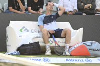 Britain's Andy Murray loses a point to Italy's Matteo Berrettini during the ATP tennis men's final match in Stuttgart, Germany, Sunday June 12, 2022. (Bernd Wei'brod/dpa via AP)