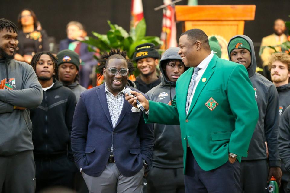 Florida A&M interim football coach James Colzie III is interviewed by Vaughn Wilson as the Rattlers are celebrated for winning the HBCU Celebration Bowl at the Al Lawson Center, Friday, January 12, 2024.