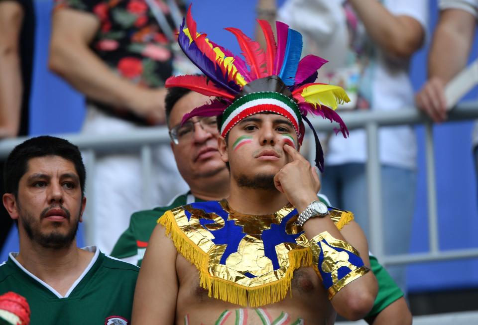 <p>A Mexico fan looks on before the Russia 2018 World Cup round of 16 football match between Brazil and Mexico at the Samara Arena in Samara on July 2, 2018. (Photo by EMMANUEL DUNAND / AFP) </p>