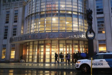 A police vehicle stands outside the Brooklyn Federal Courthouse ahead of the start of the trial of Joaquin Guzman, the Mexican drug lord known as