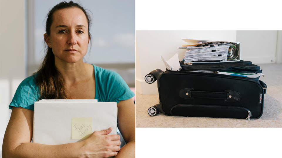 Leah Olszewski holds a binder of documents stemming from her allegations against Cardin. More are stored in this suitcase.&nbsp;<i aria-hidden="true"></i> (Photo: Lexey Swall for HuffPost)