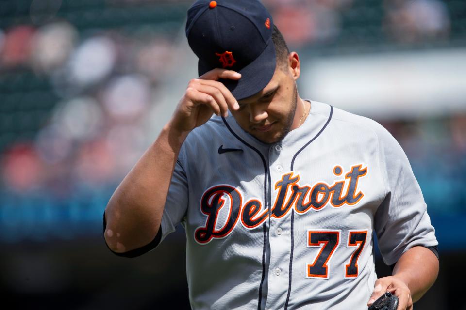 Detroit Tigers relief pitcher Joe Jimenez leaves the baseball game against the Minnesota Twins during the seventh inning on Saturday, July 10, 2021, at Target Field in Minneapolis. The Twins won 9-4.