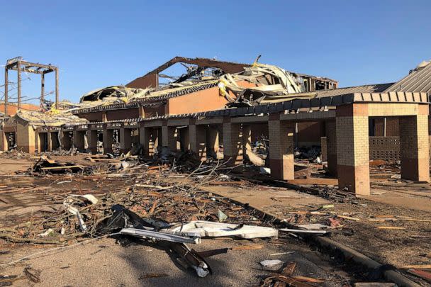 PHOTO: Debris covers the ground around Wynne High school in Wynne, Ark., on April 1, 2023. (Adrian Sainz/AP)