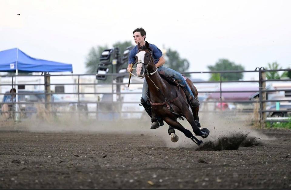 Canton High School football player Gavin Otto, nicknamed "Cowboy," races his horse, Disco, in flag and plug race events around the Midwest.