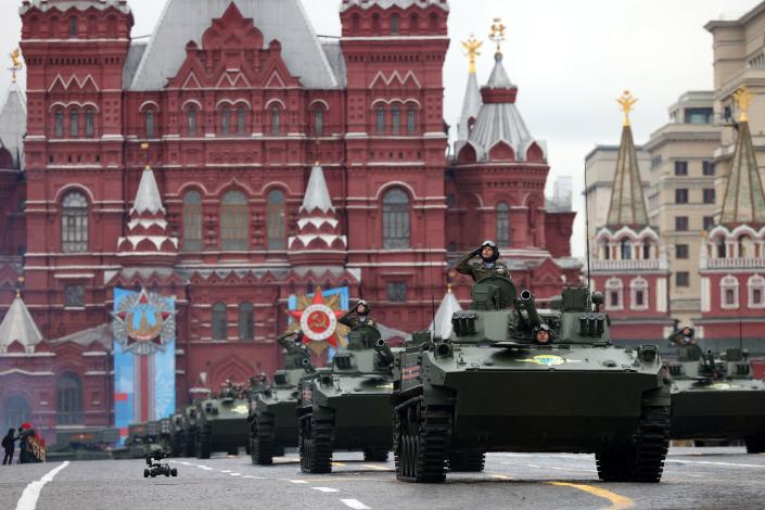 Russian tanks move through Red Square during the Victory Day military parade in Moscow. 