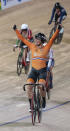 Kirsten Wild from the Netherlands celebrates her victory in the World Championships Scratch women's track cycle race in Berlin, Germany, Wednesday Feb. 26, 2020. (Sebastian Gollnow/dpa via AP)