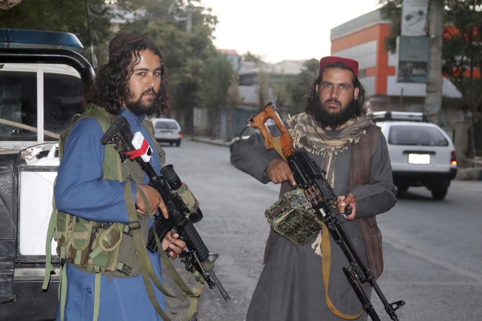 Taliban fighters patrol in Kabul, Afghanistan, Saturday, Aug. 28, 2021. (AP Photo/Khwaja Tawfiq Sediqi)