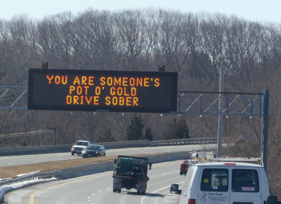 A sign on Route 4 in Rhode Island advises responsible behavior during St. Patrick's Day weekend.