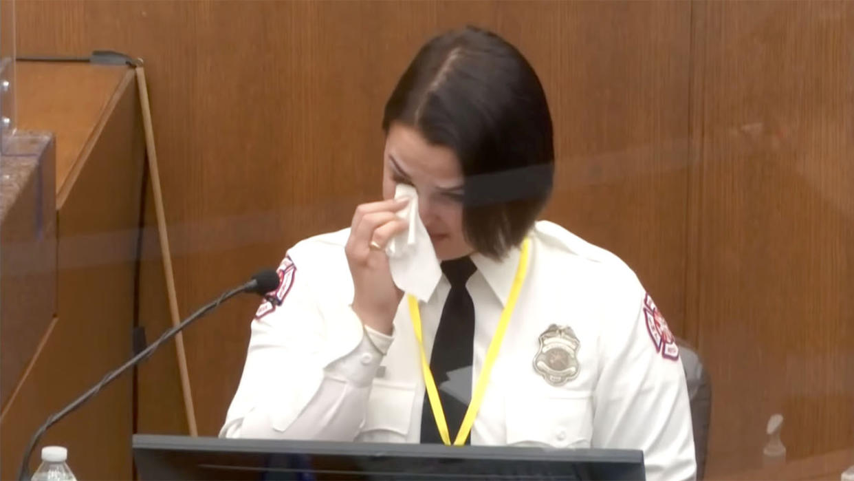 Genevieve Clara Hansen wipes away tears as she testifies in the Derek Chauvin trial in Minneapolis, MN. on March 30, 2021. (Via Reuters Video)