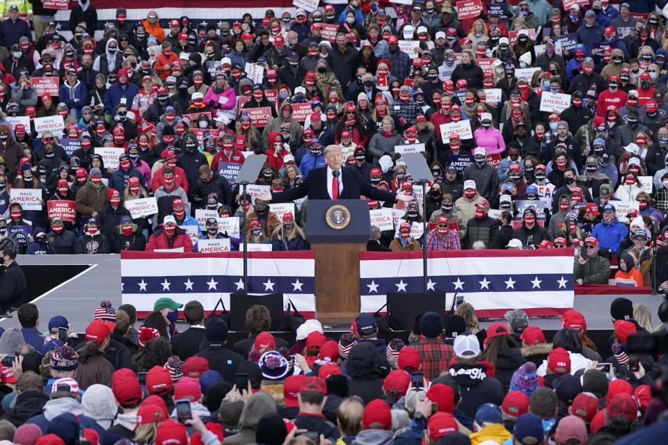 President Donald Trump speaks at a campaign rally, Saturday, Oct. 17, 2020, in Norton Shores, Mich. (AP Photo/Carlos Osorio)