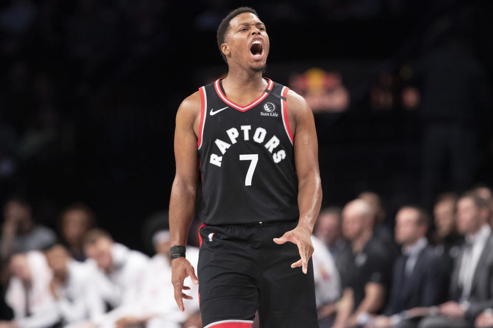 Toronto Raptors guard Kyle Lowry reacts in the second half of the team's NBA basketball game against the Brooklyn Nets, Saturday, Jan. 4, 2020, in New York. The Raptors won 121-102. (AP Photo/Mary Altaffer)