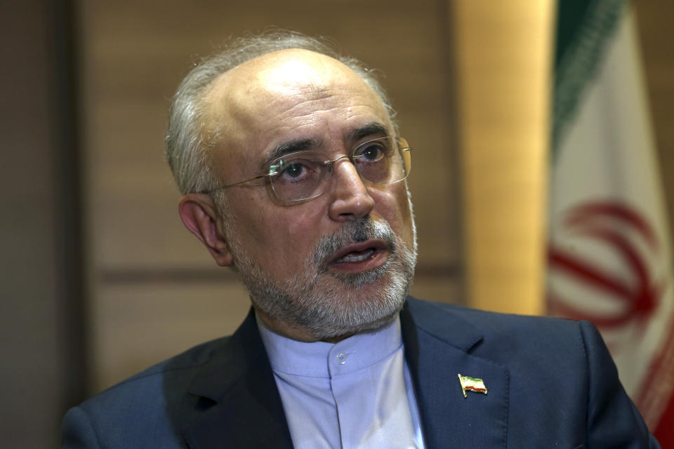 FILE - In this Sept. 11, 2018 file photo, Iran's nuclear chief Ali Akbar Salehi speaks in an interview with The Associated Press at the headquarters of Iran's atomic energy agency, in Tehran, Iran. Iran plans to start using a new array of advanced centrifuges for enriching uranium, the country’s nuclear chief said Monday, Oct. 7, 2019 according to state television. Ali Akbar Salehi told Iranian state TV that an array of 30 IR-6 centrifuges will be inaugurated in the coming weeks. (AP Photo/Vahid Salemi, File)