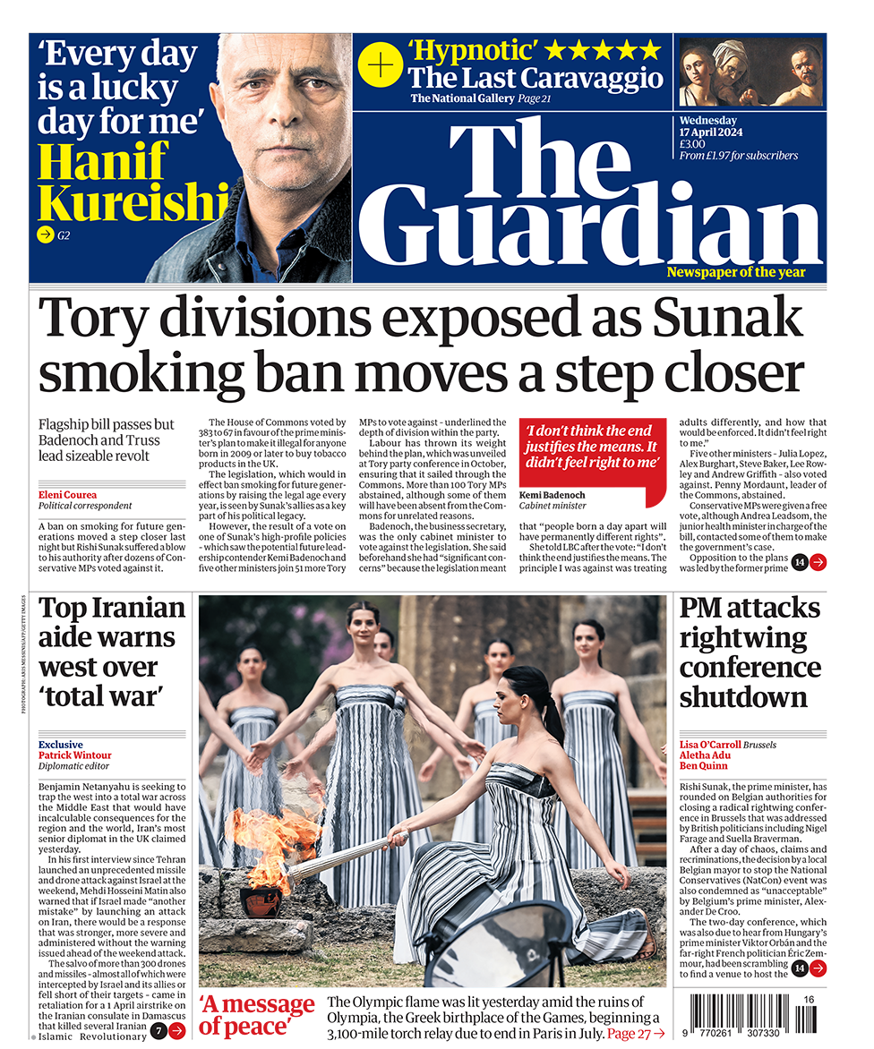 The headline in the Guardian reads: "Tory divisions exposed as Sunak smoking ban moves a step closer".