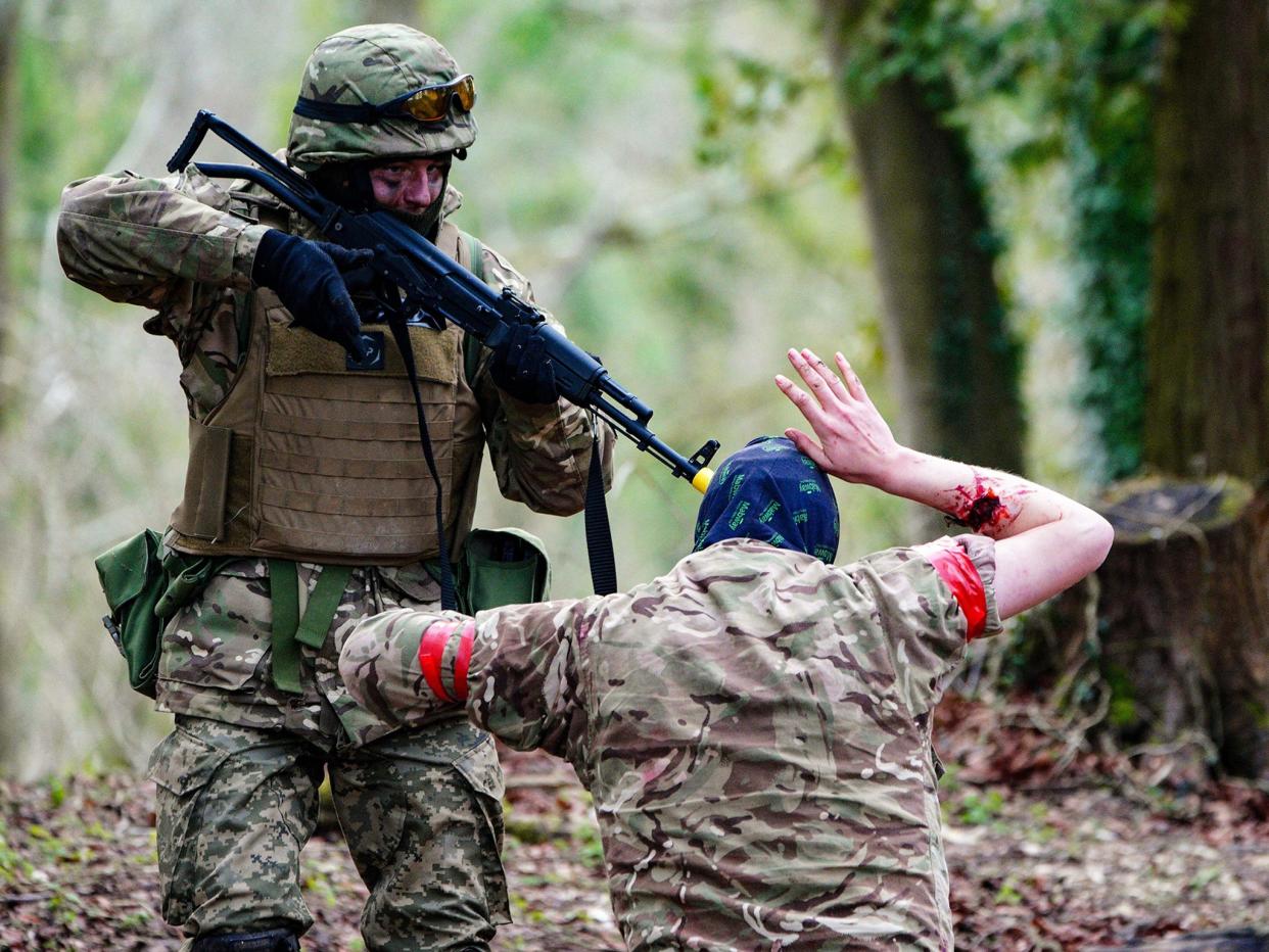 Ukrainian soldiers take part in a training on Salisbury Plain in Wiltshire last week (POOL/AFP/Getty)