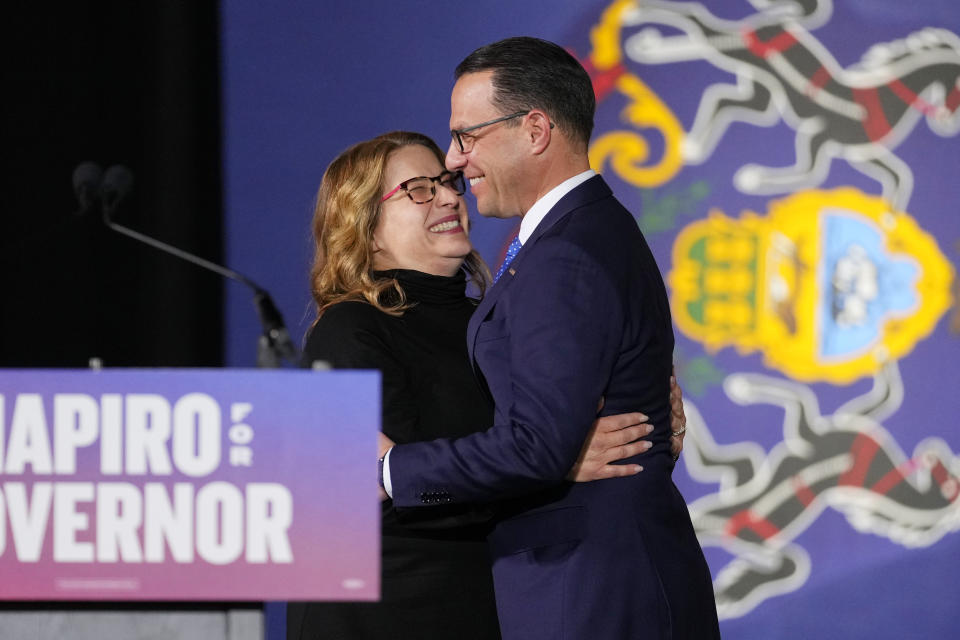 Pennsylvania Democratic gubernatorial candidate Josh Shapiro, the state's attorney general, and his wife Lori Shapiro, attend an election night event, Tuesday, Nov. 8, 2022, in Oaks, Pa. (AP Photo/Matt Slocum)