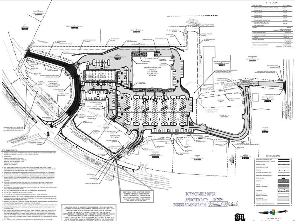 This is the site plan for The Marketplace at Mills River, as submitted by Harris Development Partners.