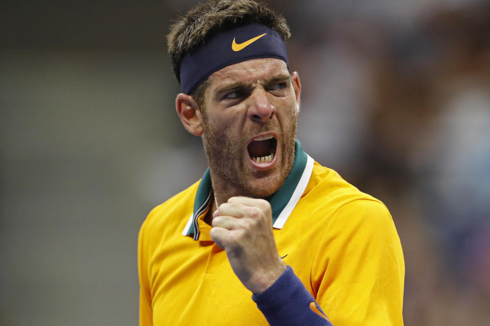 Juan Martin del Potro, of Argentina, reacts after winning the second set against Borna Coric, of Croatia, during the fourth round of the U.S. Open tennis tournament Sunday, Sept. 2, 2018, in New York. (AP Photo/Adam Hunger)