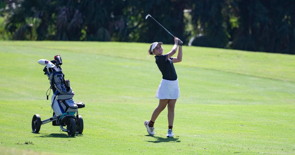 Isabella Michetti of the Community School golf team competes in the Region A-3 Golf Championships at Valencia Golf & Country Club in Naples on Tuesday, Oct. 31, 2023.