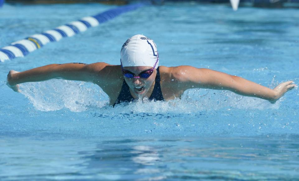 Nicole Riopelle of West Shore competes in the 100 yd. butterfly during the Cape Coast Conference Swim and Dive Meet Friday, Oct. 8, 2021. Craig Bailey/FLORIDA TODAY via USA TODAY NETWORK