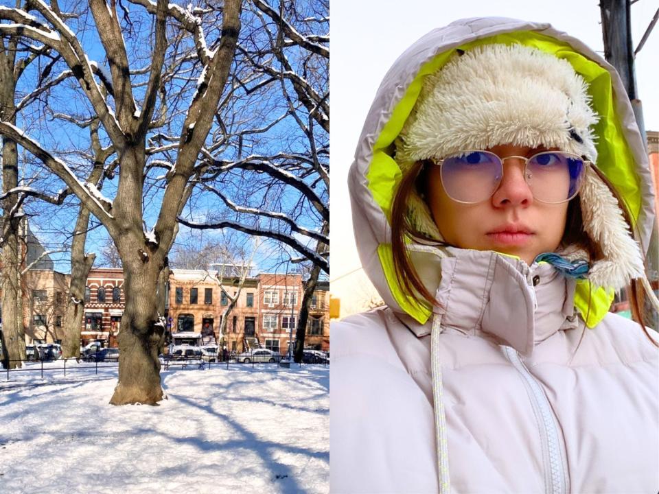 Left: A snowy park on a sunny day with a bare tree in the foreground and row houses behind it.  RIght: The author wears a white, puffy jacket and a trapper hat.